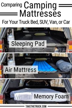 Air Mattress vs Sleeping Pad vs Memory Foam for Vehicle Camping (Truck Bed, Van, Car, SUV) Diy Truck Bedding, Camping Pad, Camping Sleeping Pad, Car Mattress, Car Air Mattress, Truck Bed Camper