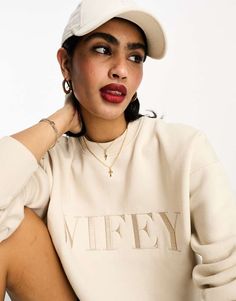 Sweaters & Cardigans by Six Stories *Swipes right* Crew neck Drop shoulders 'Wifey' embroidery on chest Regular fit Fall Sweater With Embroidered Text, Champagne Sweatshirt, Wifey Sweatshirt, Color Champagne, Jumpers And Cardigans, Drop Shoulder, Sweaters & Cardigans, Must Haves, Jumper