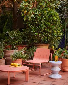 an outdoor patio with potted plants and two oranges on the table in front of it