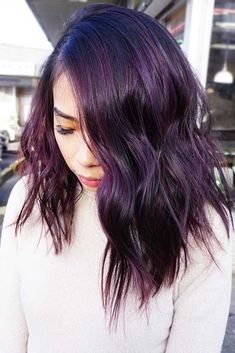 Dark Purple Hair Color, Hair Color 2017, Aline Bob, Hair Color Plum, Dark Purple Hair, Plum Hair, Black Ponytail Hairstyles, Twist Ponytail, How To Curl Short Hair