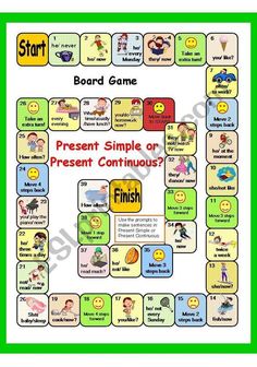 a board game with the words present simple or present continuous and then it is finished