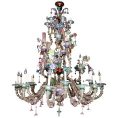 a chandelier with many different colored glass pieces