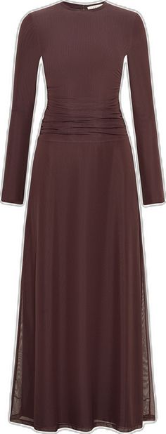 Adelina Rouched Mesh Maxi Dress - Chocolate Plum Clothing Veiled Elegant Brown Ruched Midi Dress, Brown Pleated Evening Dress, Formal Brown Ruched Midi Dress, Elegant Brown Pleated Midi Dress, Brown Fitted Dress With Surplice Neckline, Figure Flattering Dresses, Mesh Maxi Dress, Cuff Sleeves, Chocolate Brown