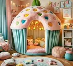 a child's bedroom decorated in pink and blue