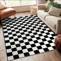 a black and white checkered rug in a living room