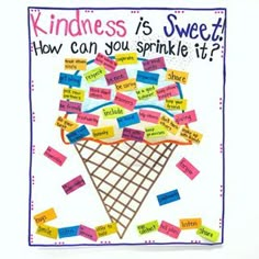 an ice cream cone with words written on it that read kindness is sweet, how can you sprinkle it?