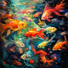 a painting of many different colored fish swimming in the water, with one being surrounded by another