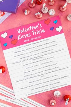 valentine's kisses trivia on pink background with candy candies and conversation notes