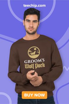 a man wearing a brown sweatshirt with the words groom's wolf pack on it