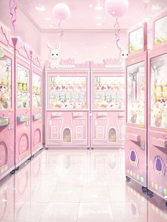 a pink room with lots of stuffed animals in the cabinets and decorations on the walls