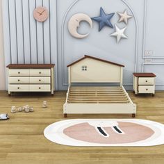 a child's bedroom with white furniture and stars on the wall