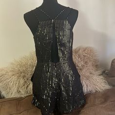 Mng Casual. Black And Gold Strip Romper. Size M. Brand New, Minor Stitch Work By The Zipper Beginning. Barely Noticeable. Usual Romper Nothing I’ve Seen Before. Chic Jumpsuits And Rompers With Back Zipper For Party, Party Jumpsuits And Rompers With Back Zipper, Chic Jumpsuit With Back Zipper For Night Out, Black Sequined Jumpsuits And Rompers For Date Night, Black Sequined Jumpsuits And Rompers For Spring, Black Sequined Jumpsuits For Date Night, Black And Gold Pajamas, Black And Gold Sparkly Mini Dress Revolve, Garment Bags