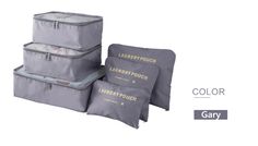 four pieces of luggage sitting next to each other on top of a white background with the words, laundry pouch and laundry pouch