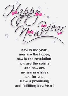 a happy new year message with pink hearts and stars on it's white background