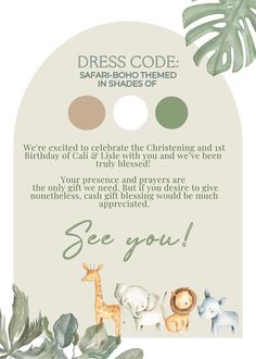 a card with some animals on it and the words dress code in shades of green