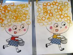 two children's drawings with curly hair on them