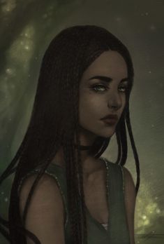 a digital painting of a woman with long braids and green eyeshade, looking into the distance