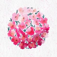 watercolor painting of pink flowers in a round shape on white paper with green leaves