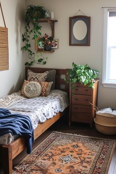 a bedroom with a bed, rug and plants on the wall next to it's windows