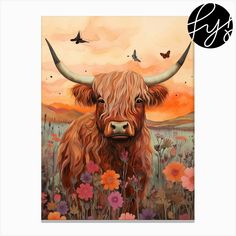 a painting of a bull with long horns and flowers in front of a sunset sky