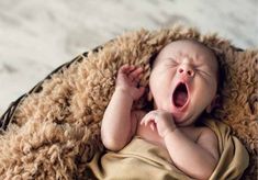 a baby yawns while laying in a basket