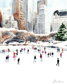 a group of people skating on an ice rink in front of large city skyscrapers