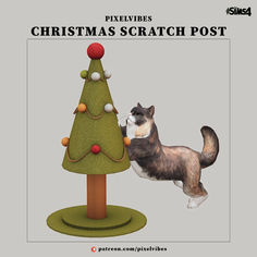 a cat standing in front of a christmas tree with the caption'pivelies christmas scratch post '