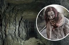 a creepy looking woman is walking through a cave