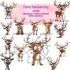 a bunch of reindeers with christmas lights on their head and antlers around them