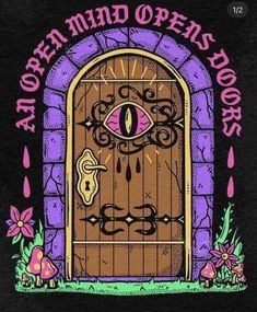 an open door with the words open mind tours above it and a pink eye in the middle