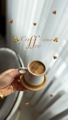 a woman holding a cup of coffee with hearts flying around her and the words coffee time written above it