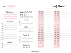 the daily planner is shown in pink and white