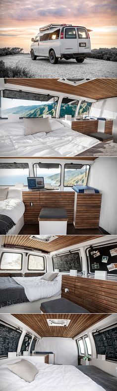 the interior and exterior of a luxury motorhome with wood paneling, white bedding, and wooden slats