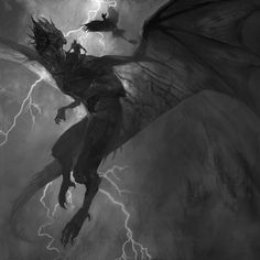 a black and white photo of a dragon with lightning in the background