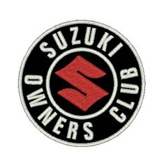 the suzuki owners club logo on a black and red patch with white lettering