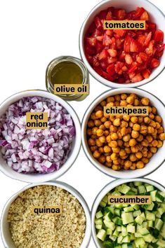 six bowls with different types of vegetables labeled in the words, tomatoes, cucumber, olives, onion, red onion and chickpeas