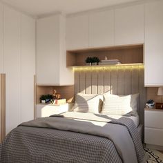 a bedroom with a bed, night stand and shelves on the wall above it that are built into the headboard