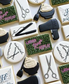 decorated cookies with scissors, hairdryers and letters