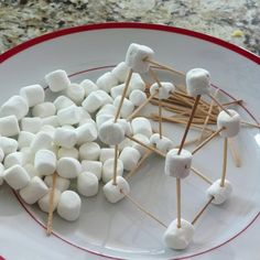 marshmallows are arranged on skewers on a white and red plate