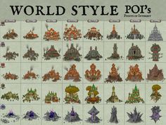 the world style pop's are all in different colors and sizes, with lots of buildings