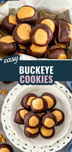 chocolate covered buckeye cookies on a white plate and in the background, there are more cookies