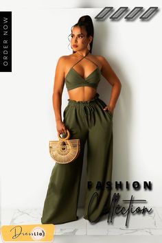 Fashion Women Clothing Solid Sleeveless Halter Crop Tops Wide Leg Pants Summer Two Piece Sets Wide Leg Pants Summer, Summer Two Piece, Loose Trousers, Pants Summer, Halter Crop Top, Two Piece Sets, Model Photos, Tube Top, Halter Neck