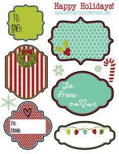 christmas tags and stickers with the words happy holidays