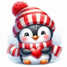 a penguin with a scarf and hat holding a heart