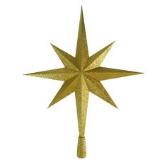 a gold glittered star ornament on a white background