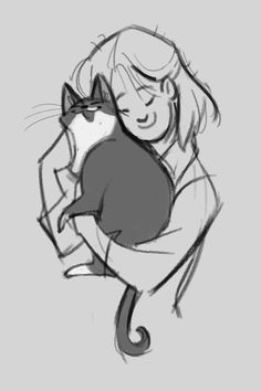 a drawing of a girl hugging a cat with her arm around the cat's neck