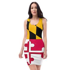 DEADLINE FOR ORDERING IN TIME FOR CHRISTMAS IS DEC 6TH!  Make a statement and look fabulous in this all-over printed, fitted dress. Step into comfort and Maryland pride, showcasing a trendy and patriotic twist with the distinctive Maryland flag design, seamlessly merging fashion and leisure in a bodycon dress. ** BE SURE TO CHECK THE SIZE CHART BEFORE YOU PLACE YOUR ORDER. ALL ITEMS ARE MADE TO ORDER AND THEREFORE CANNOT BE RETURNED IF YOU ORDER AN INCORRECT SIZE.  Designed by Barbi. Printed and Holiday Dresses Women, Maryland Flag, Summer Tank Dress, Christmas Dress Women, Rash Guard Women, City Dress, Mini Robes, Urban Dresses, Dress Gift