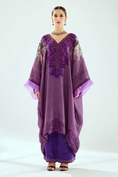 Shop for Rajdeep Ranawat Purple Olivia Silk Kaftan Tunic for Women Online at Aza Fashions Elegant Kaftan With Printed Motifs And Kimono Sleeves, Silk Kaftan With Sheer Dupatta For Eid, Festive Silk Kaftan With Digital Print, Elegant Festive Kaftan With Printed Motifs, Elegant Maxi Kaftan With Printed Motifs, Eid Long Sleeve Printed Kaftan, Festive Digital Print Kaftan, Festive Long Sleeve Kaftan With Digital Print, Festive Digital Print Maxi Length Kaftan