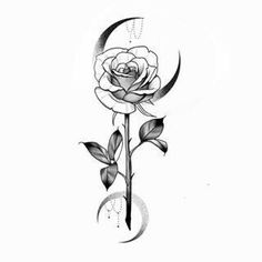 a black and white drawing of a rose with the moon on it's side