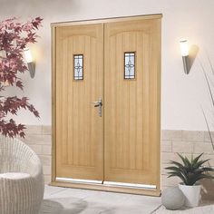 two wooden doors in front of a potted plant